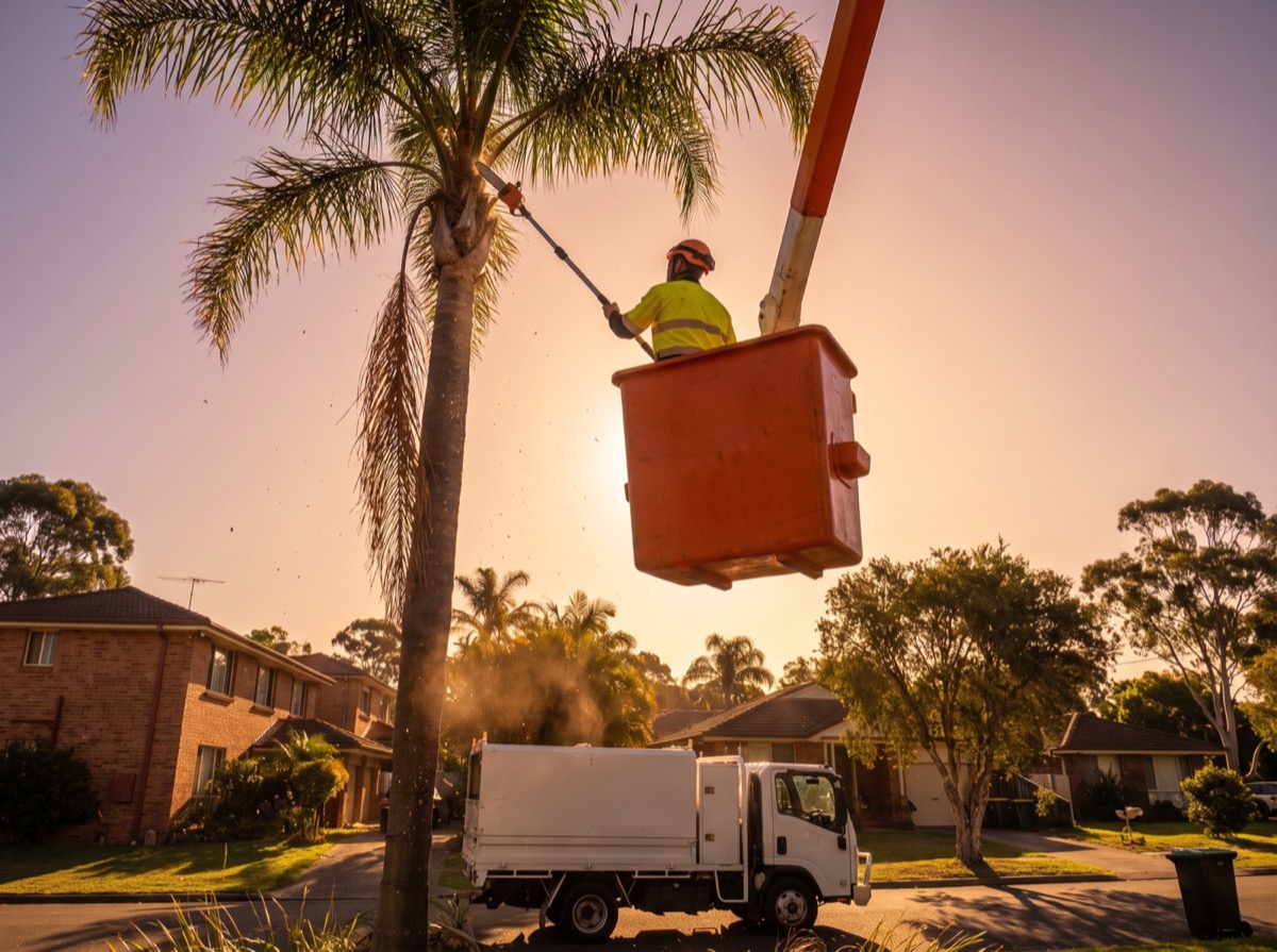 A worker in a raised basket trimming the crown of a tall palm above a suburban street