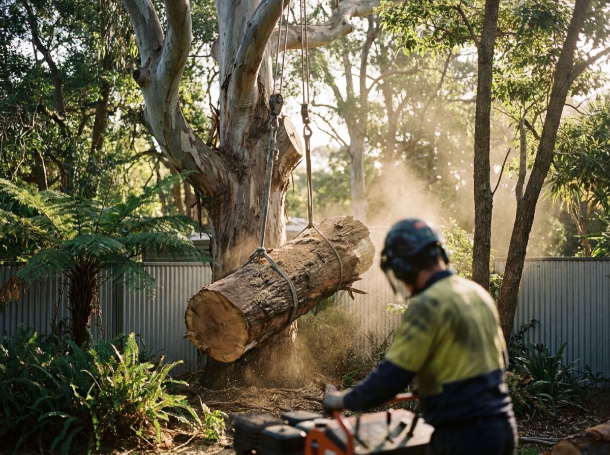 A crane lowering a heavy log section over a fence beside a house