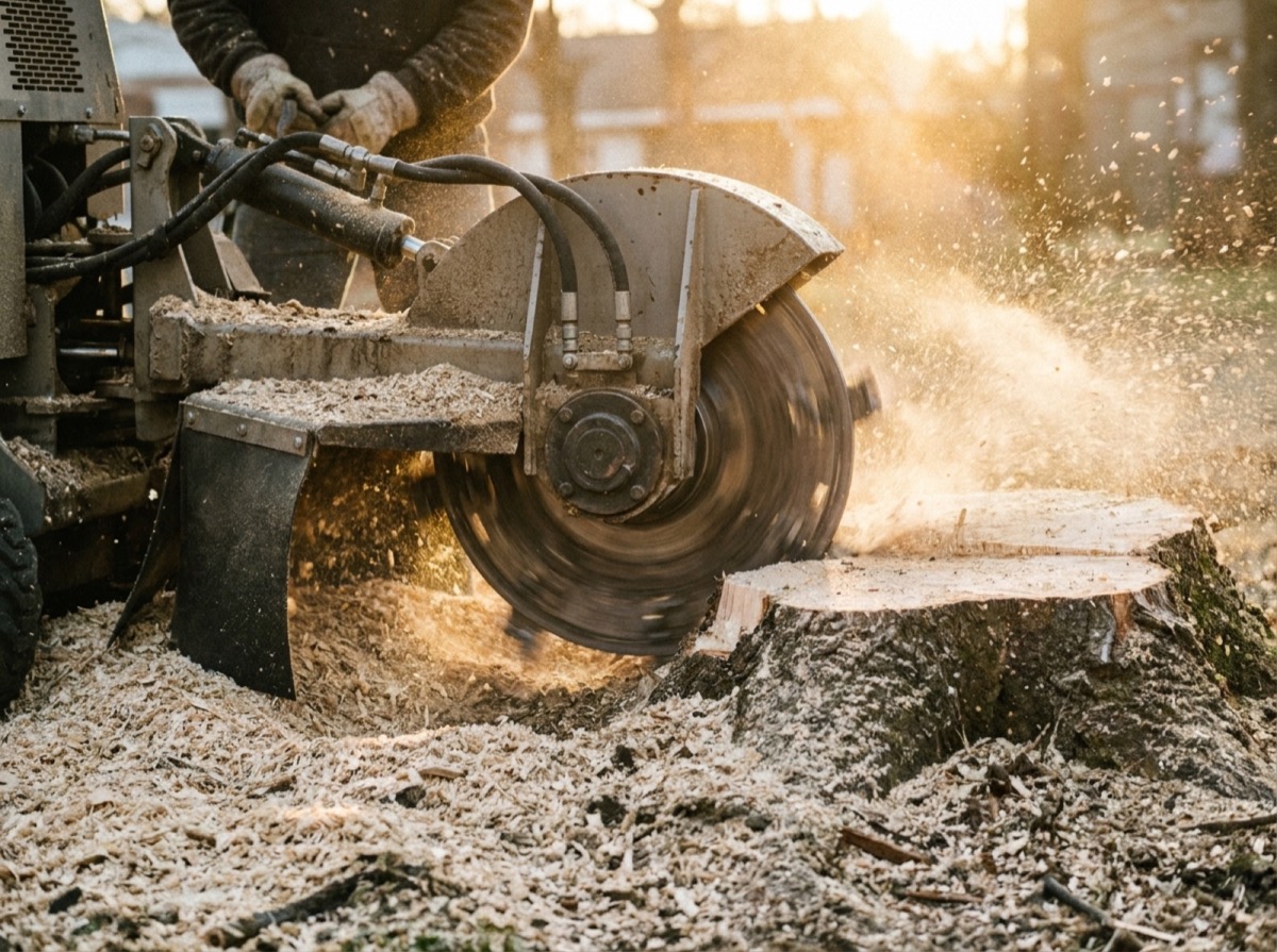 A stump grinder wheel throwing wood chips as it cuts into a stump