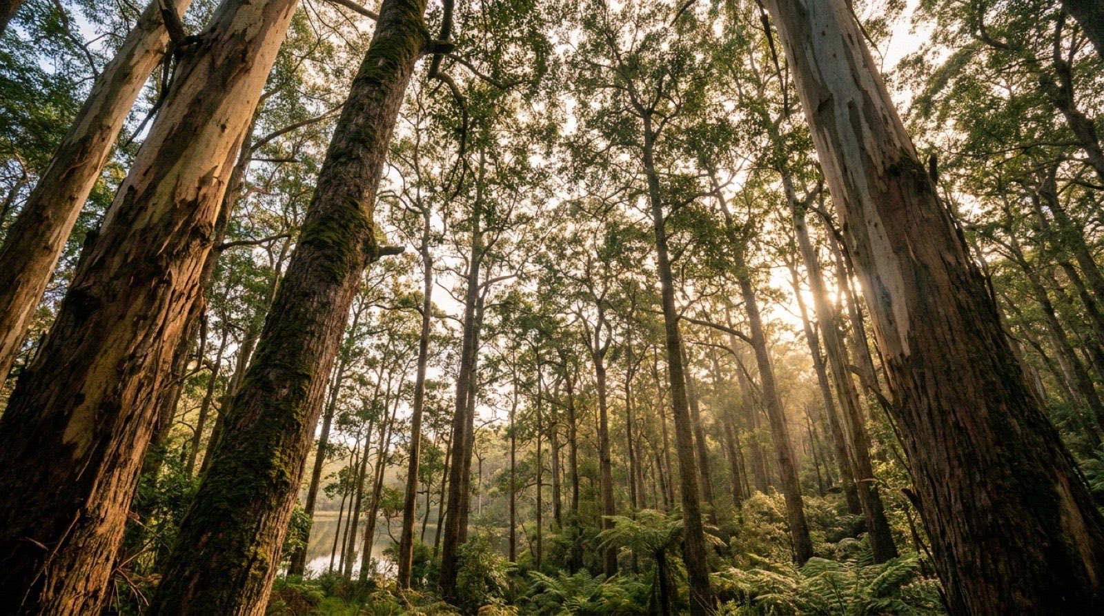 Tall gums lit from behind in open bushland