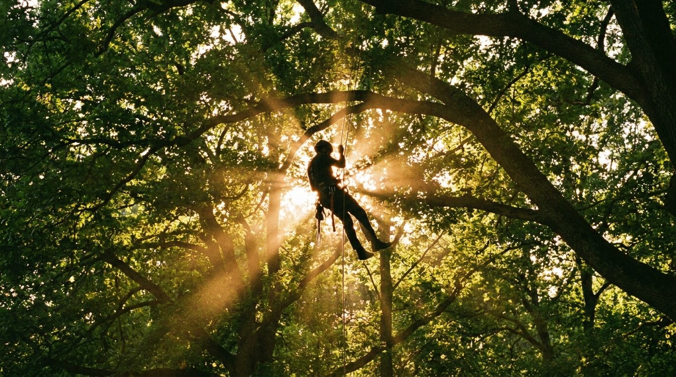 An arborist on rope high in a sunlit canopy