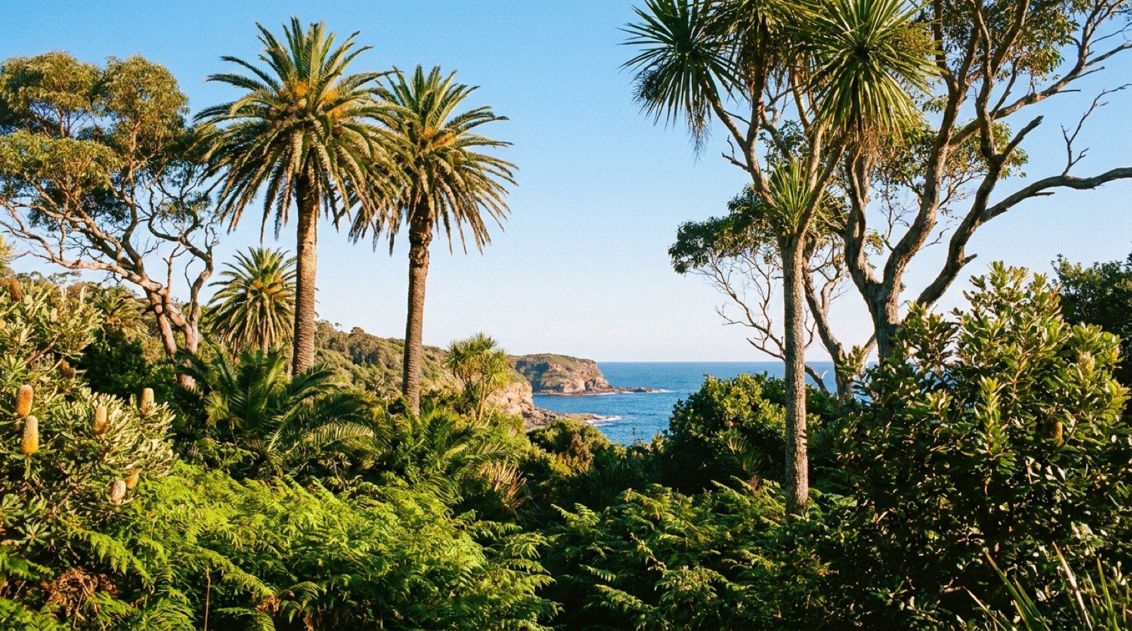 Palms and coastal scrub above a blue bay