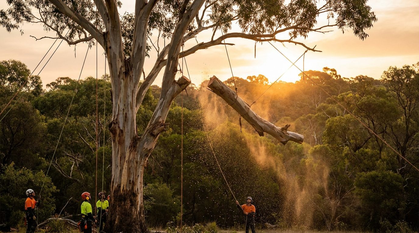 A ground crew lowering a heavy limb on ropes out of a large gum at sunset