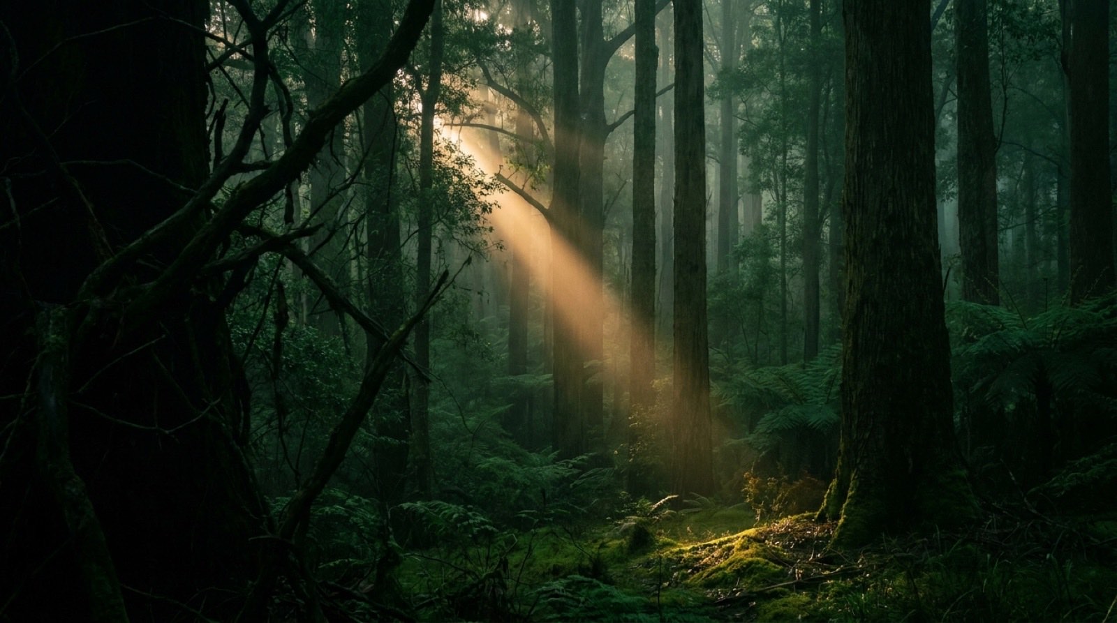 A shaft of late light coming down through a dense stand of tall trees
