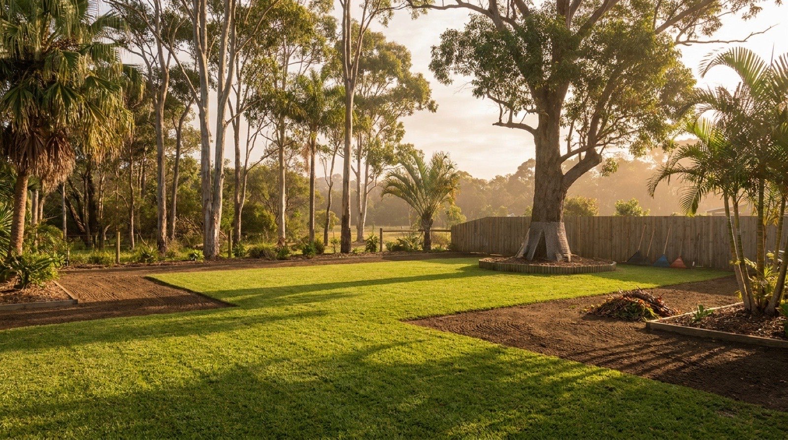 A large shade tree and a row of palms on a mown block at first light