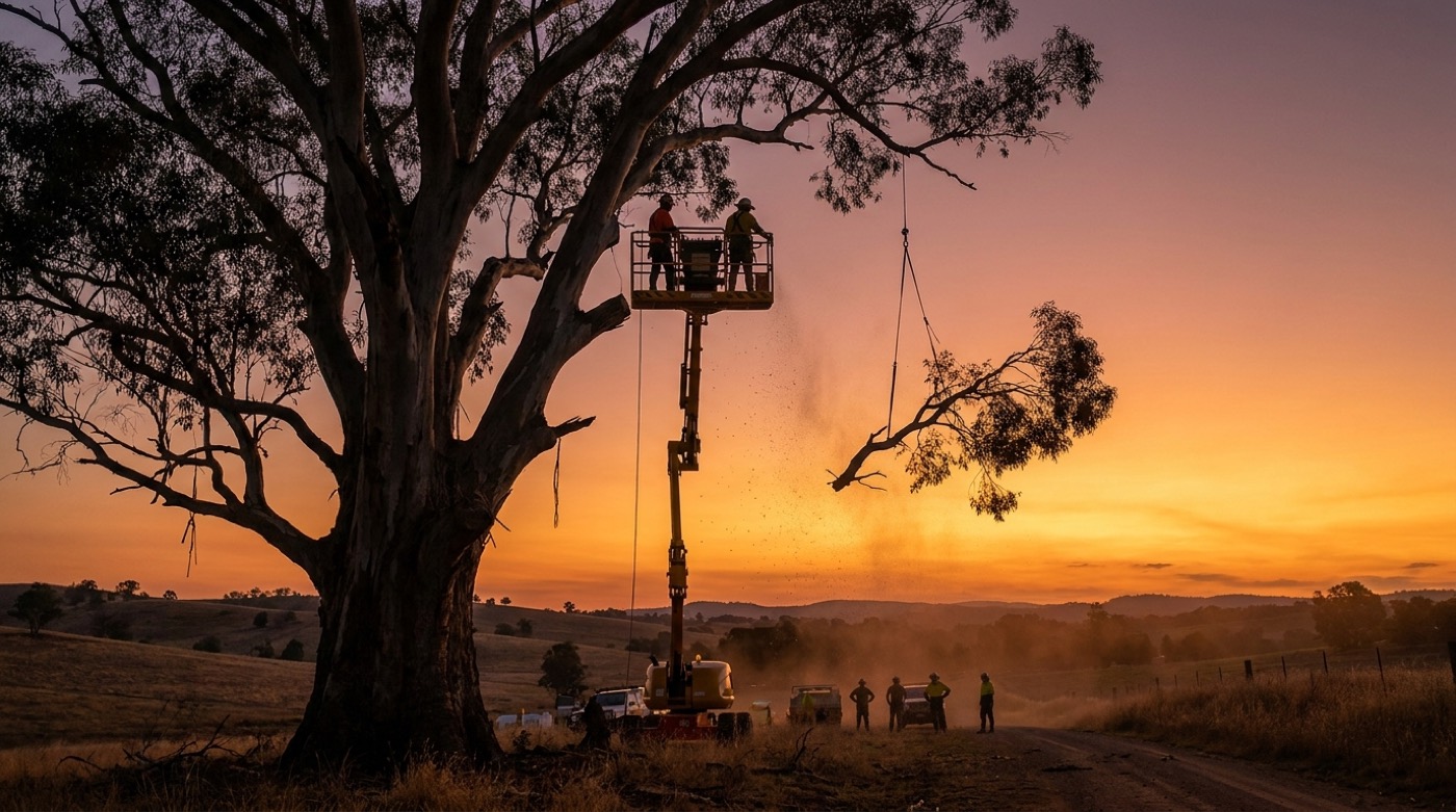 A trailer-mounted elevated work platform raised into a large tree at sunset with the crew working below