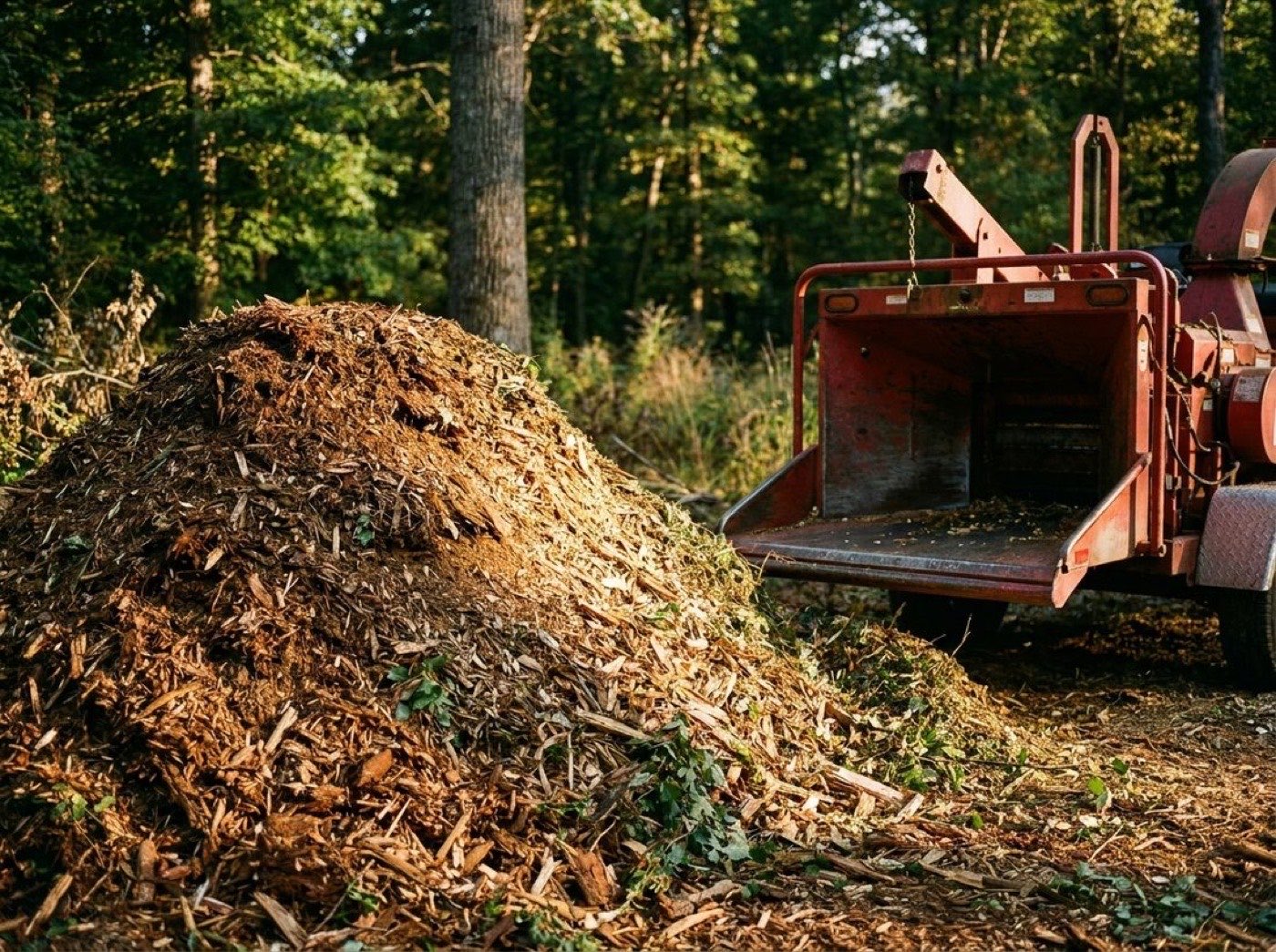 A large pile of fresh wood chip mulch beside a towable chipper
