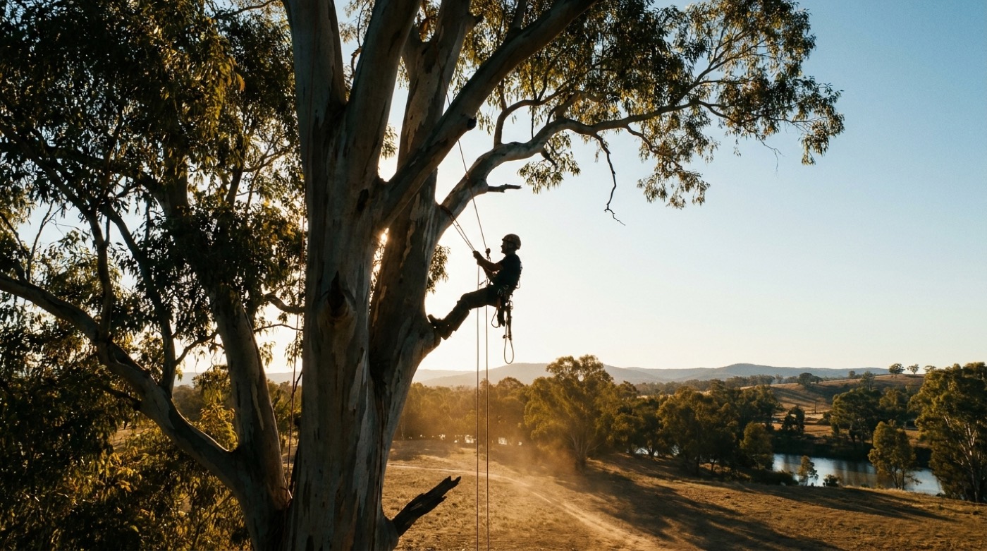 A climber roped high on the trunk of a large gum working on the upper limbs