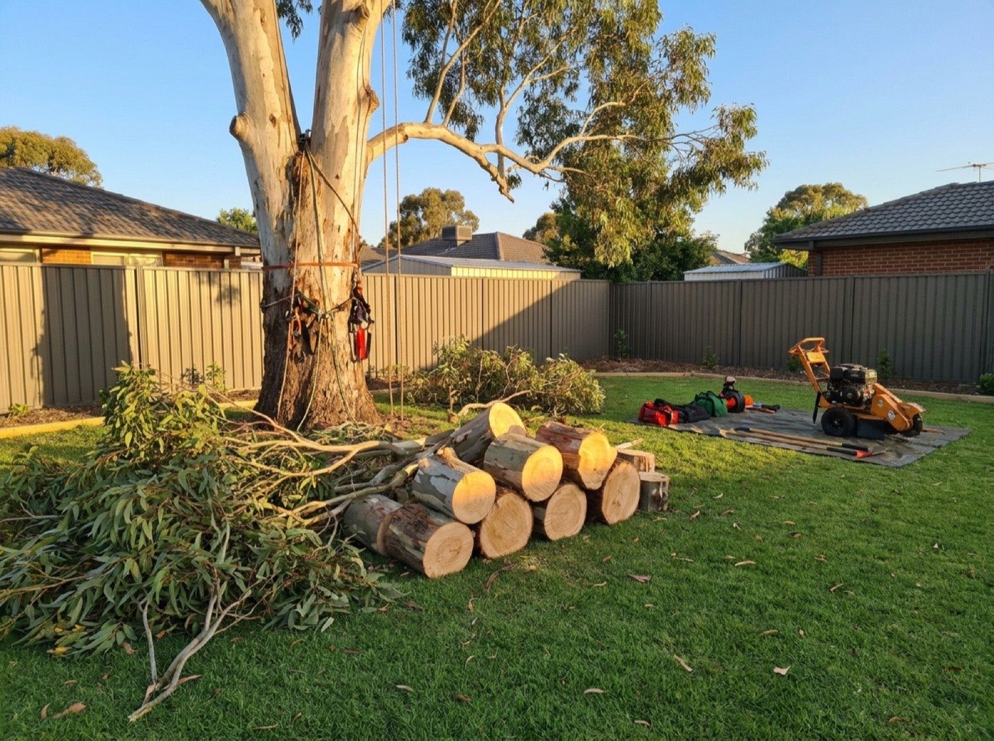 A gum being taken down beside a colorbond fence with cut rounds stacked on the lawn and a stump grinder standing by
