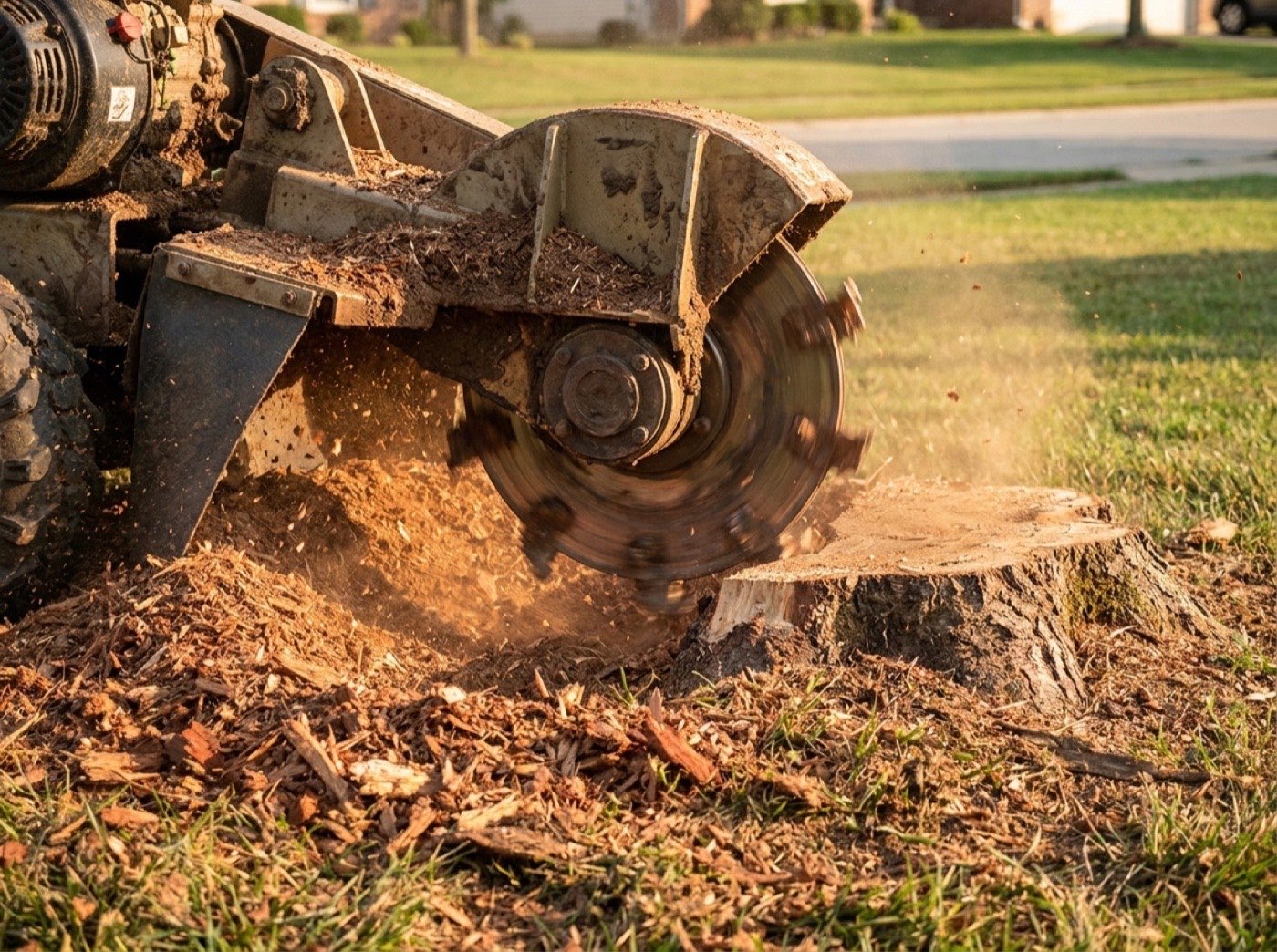A stump grinder wheel cutting into a stump and throwing wood chips across the grass