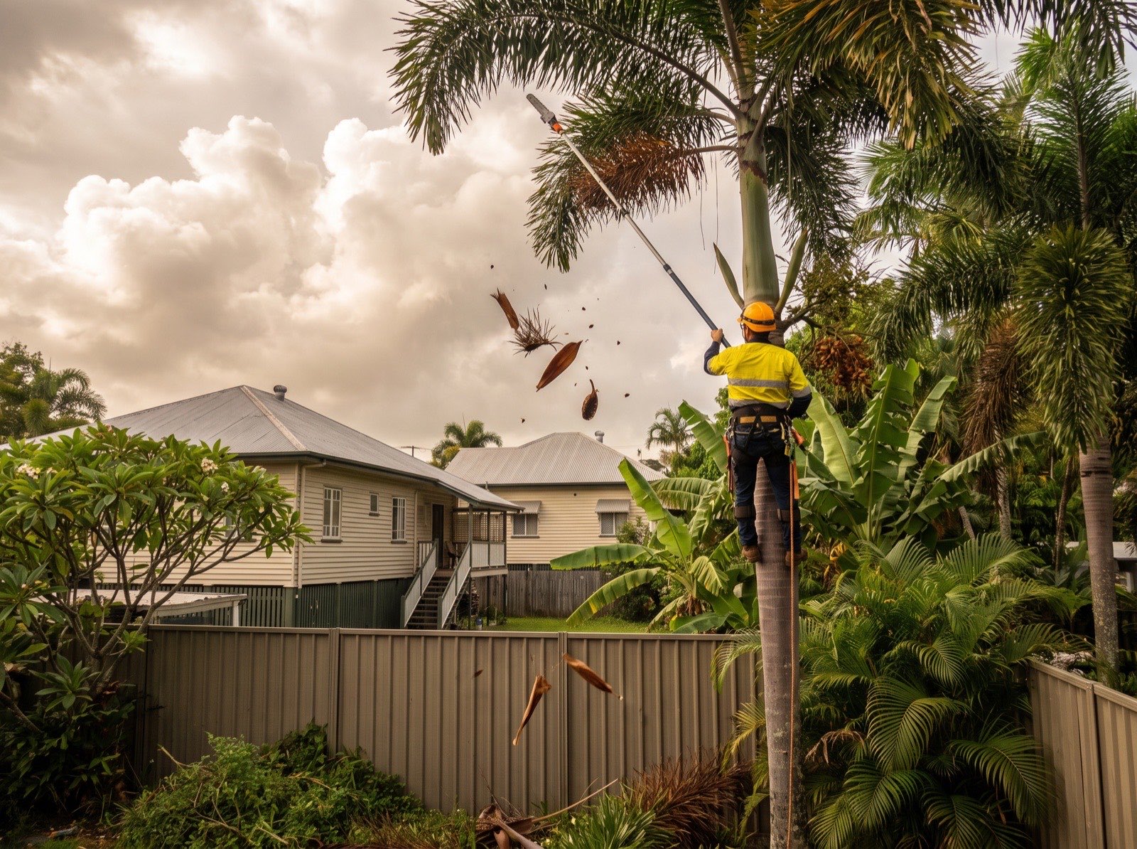 A worker in hi-vis clearing dead fronds from a tall palm above a colorbond fence with Queenslander houses behind